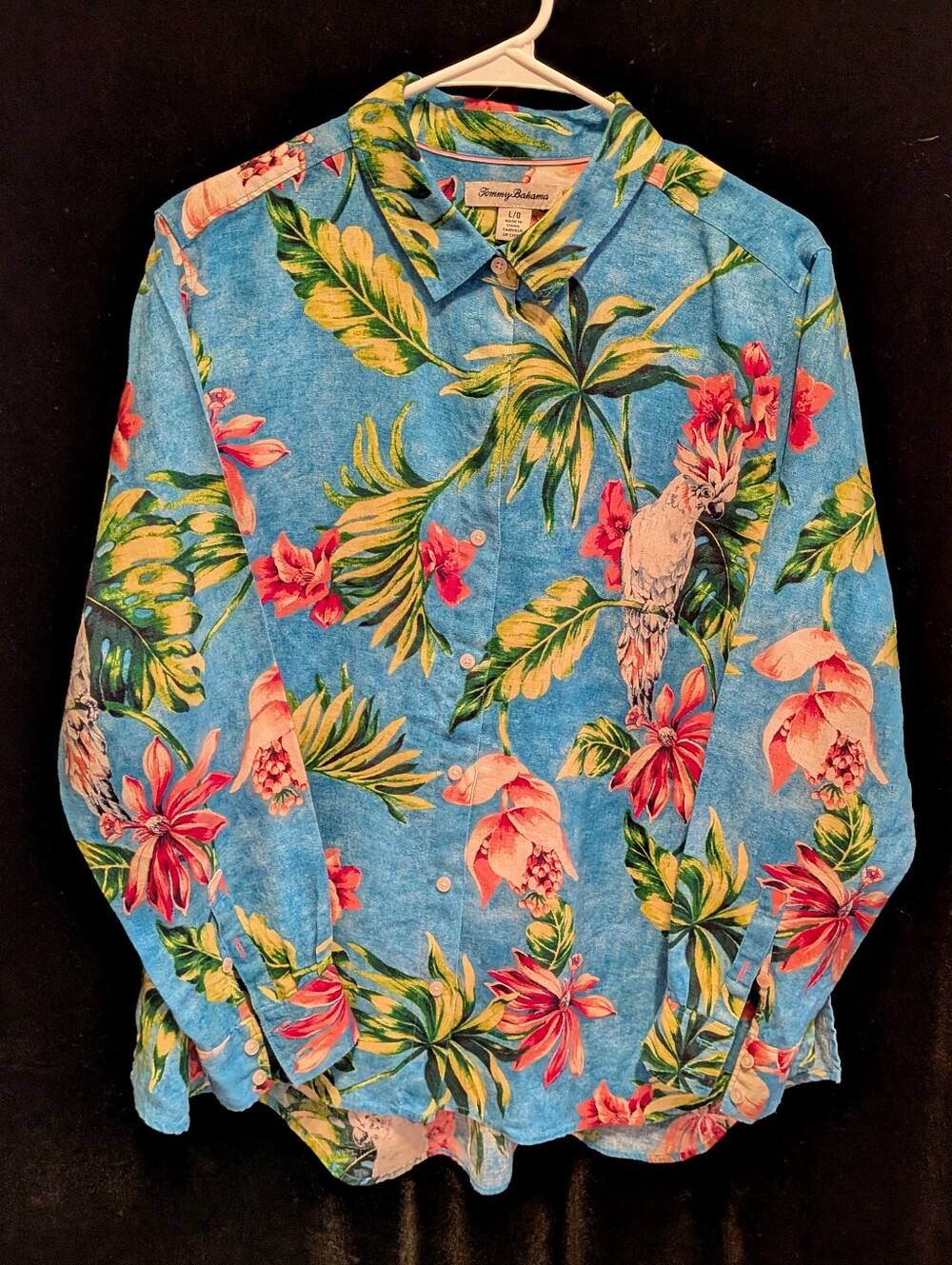 TOMMY BAHAMA Women's 100% Linen Tropical Hawaiian Aloha I Print LS Shirt. Large.